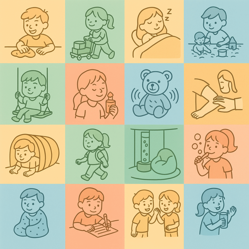 18 kareden oluşan renkli bir infografikte, çocuklar için önerilen duyusal entegrasyon aktiviteleri çizimlerle gösteriliyor: Oyun hamuru, ağır iş (itme-çekme), uyku, kum ve su oyunları, salıncak, aromaterapi, titreşimli oyuncaklar, masaj, oyun tüneli, yürüyüş, duyusal oda, baloncuk üfleme, ağırlıklı battaniye, el yazısı egzersizleri, sosyal beceri oyunları, bardakla su içme gibi çeşitli günlük aktiviteler pastel zeminler üzerinde çizgiyle betimleniyor.