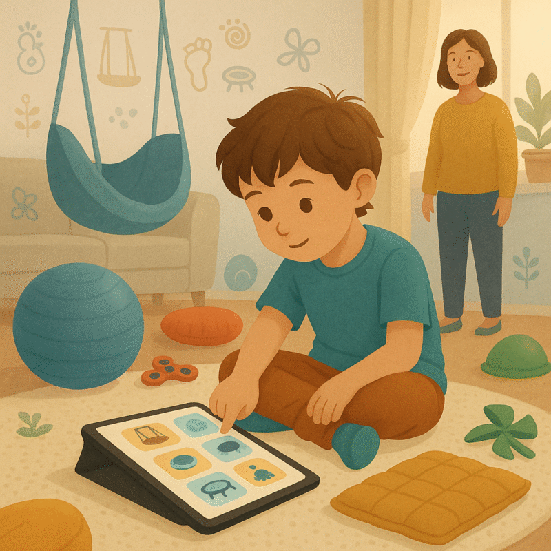 Bir çocuk, ev ortamında yerde otururken bir tabletle duyu diyeti uygulamasındaki simgelere dokunuyor. Etrafında salıncak, egzersiz topu, ağırlıklı yastık ve fidget oyuncakları gibi duyusal materyaller var. Arka planda bir kadın destekleyici şekilde çocuğu izliyor.